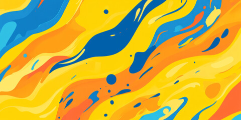 A colorful, abstract background filled with splashes of bright yellow, orange, and blue, each color blending into the next in an artistic, free-flowing design. Ideal for promotional banners, digital