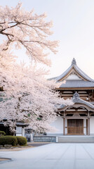 Fototapeta premium Tranquil view of tall cherry blossom tree near traditional japanese temple