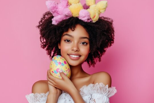 Smiling model holding decorated easter egg with bunny ears on pink background