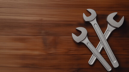 Wrench and hammer arranged on rustic wooden surface, perfect for DIY and repair projects
