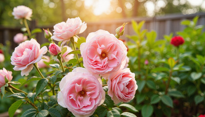 Blooming pink roses in garden during mid-morning light, beauty of nature