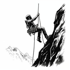 A male climber with a helmet climbs a cliff, holding onto a rope, side view, icon, simple black and white sketch highlighted on a white background, picture, image for printing