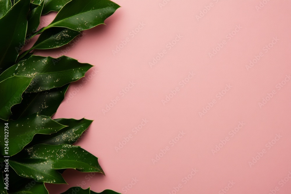 Aufkleber close-up of an elegant holly branch with shimmering accents set against a soft color background, cre