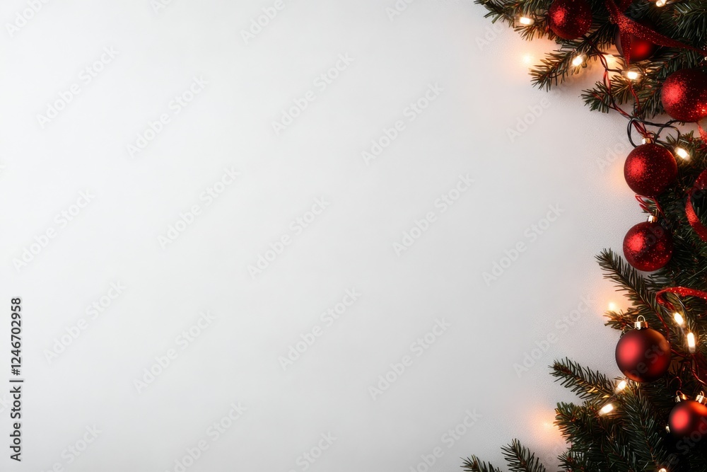 Aufkleber close-up view features evergreen branches decorated with red baubles, golden ribbons, and twinkling 