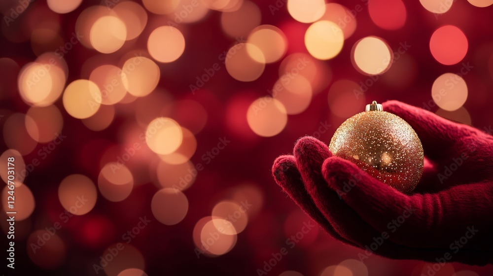 Poster a festive hand of santa claus in a red glove delicately holds a shimmering gold ornament, creating a