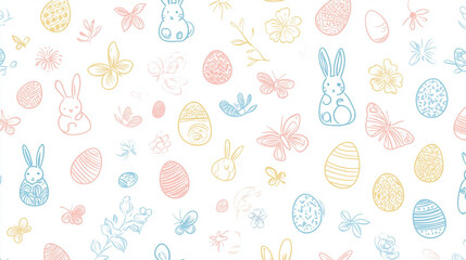 Naklejka premium Hand-drawn seamless Easter-themed pattern with decorated eggs and bunny illustrations, charming seasonal background for festive designs