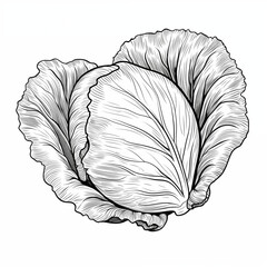 Beijing cabbage, cabbage, cabbage patch, fresh, side view, icon, black and white sketch on a white background, picture, image for printing on a T-shirt, signboard, without people