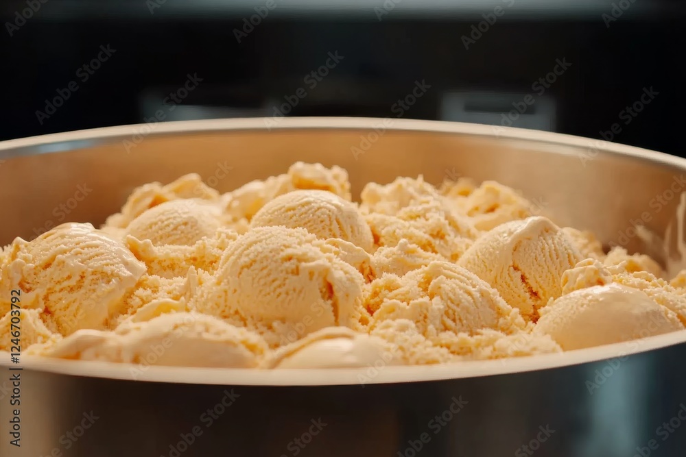 Aufkleber Enjoy a close-up view of a bowl filled with creamy vanilla ice cream featuring real vanilla beans, invitingly illuminated to highlight its smooth texture