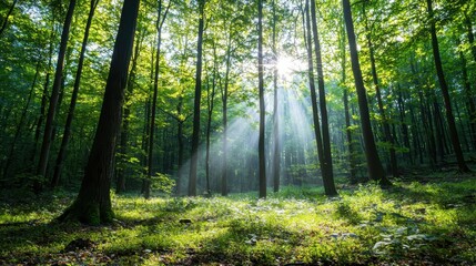 Obraz premium Illuminating sunlight filtering through trees enchanting forest nature scene tranquil environment ground-level viewpoint evoking peace and rebirth