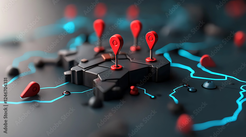 Poster mapping locations with red pins on digital interface virtual environment 3d visualization tech conce