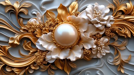 Opulent Gold and Pearl Floral Design: A Luxurious 3D Bas-Relief