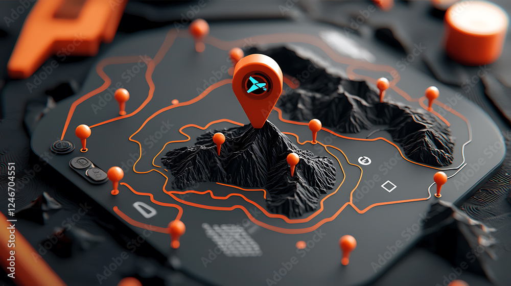 Poster 3d topographic map with navigation pin digital landscape geographical data visualization abstract en