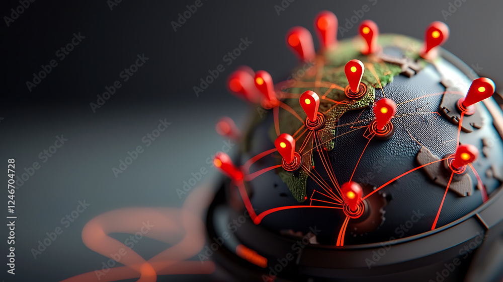 Poster global connectivity visualizing network data on a 3d globe with red pins in a dark environment