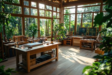 Fototapeta premium Artisans crafting folk art in a cozy workshop surrounded by nature emphasizing tradition and creativity