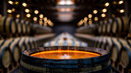 Wooden barrel filled with glowing amber liquid in a dimly lit distillery, surrounded by stacked barrels. Whiskey production, aging process, and artisanal craftsmanship concept.
