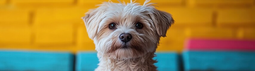 Playful Portrait of a Hungry Dog Licking Lips with Tongue on Vibrant Yellow Background