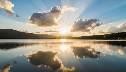 Fototapeta premium Golden-hour sun illuminating lake with cloud reflections, tranquility