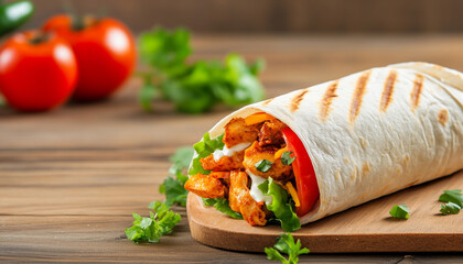 Delicious grilled wrap filled with marinated chicken, fresh vegetables, and sauces.