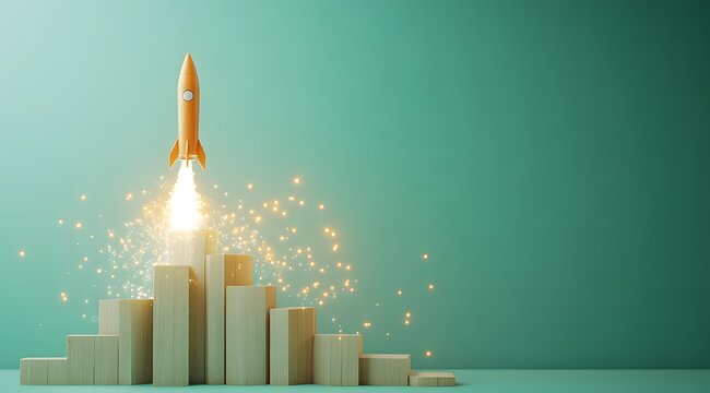 Illustration of a rocket taking off from the top of a stock market graph, symbolizing growth, success, and ambition