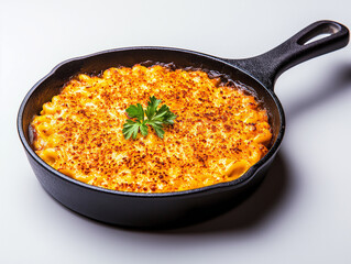 Käsige Mac and Cheese mit knuspriger Kruste in einer gusseisernen Pfanne

