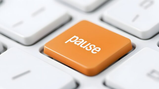 Close-up of an orange pause title key on a white keyboard, symbolizing technology, control, and productivity