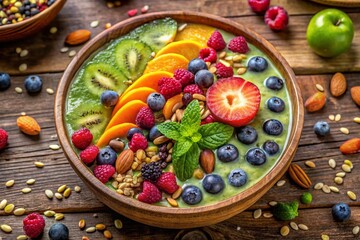Delicious & Healthy Smoothie Bowl with Nuts, Seeds & Fruits on Rustic Wooden Table