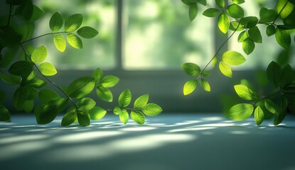 Soft Blurred Green Leaves Background with Sunlight and Shadows on White Surface