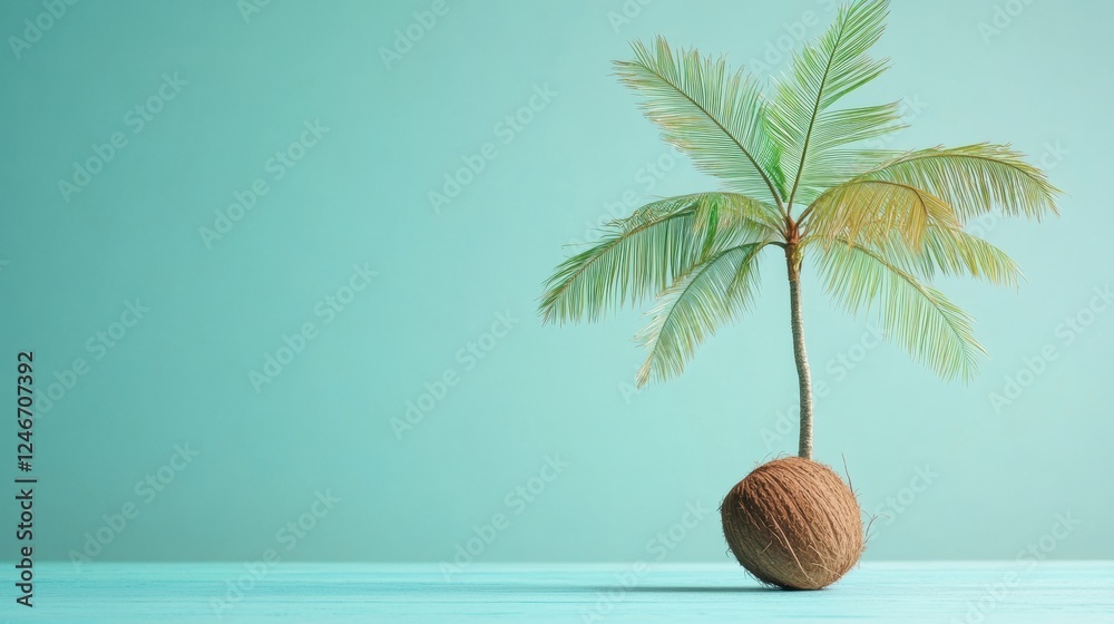 Poster tropical beach view with a coconut palm tree and serene turquoise water perfect for relaxation and e