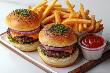 Plate with hamburger and fries, beautifully arranged and garnished with lettuce and tomatoes. A side of crispy golden fries completes the delicious meal.