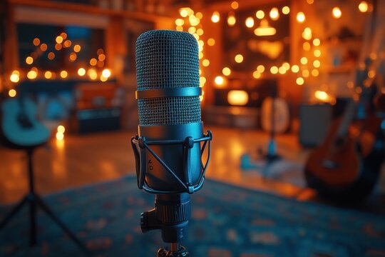 Joyful Woman Recording Live Podcast in Cozy Studio with Microphone and Ambient Lighting
