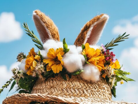 Creating a bunny-themed easter bonnet from a straw hat outdoor garden close-up photography sunny day whimsical design