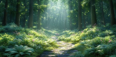 Obraz premium Serene Forest Path with Sunlight through Green Leaves and Wildflowers in a Tranquil Environment
