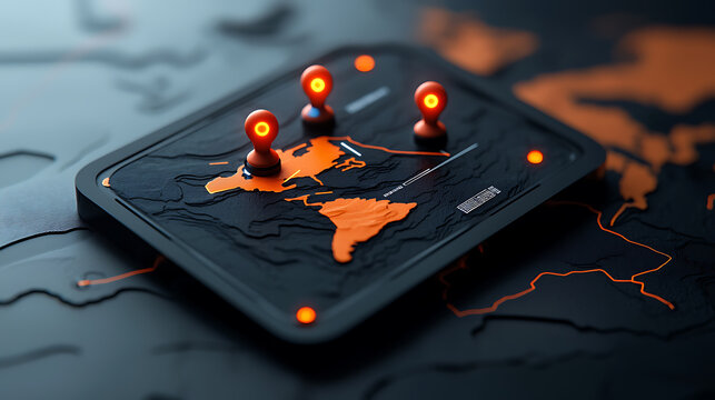 Interactive map visualization global locations digital content dark theme top-down view geospatial analysis for enhanced user engagement