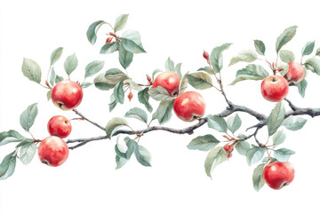 Obraz premium Watercolor painting: Apple tree branch with vibrant red apples hanging amidst lush green leaves. Background softly blurred, highlighting the detailed brushwork.