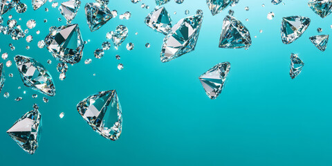 A vibrant teal background with scattered diamonds reflecting bright hues of light. The contrasting colors and sparkle create an energetic, luxurious vibe, perfect for creative branding, fashion