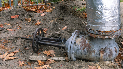 A gate valve with a flange connection. Cast iron gate valve for large diameter pipelines. Communications are blocked by a gate valve.