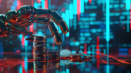 Fototapeta premium AI(Artificial Intelligence) and Financial Technology concept.Robot Hand holding stacking pile of coins and analyzing the stock market