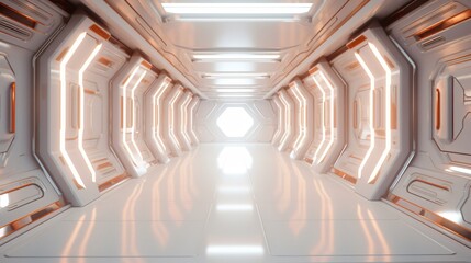 Obraz premium Futuristic Spaceship Interior Corridor 3D Render for Technology Innovation Concepts