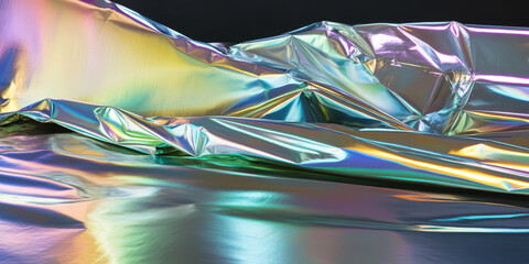 Iridescent chrome background with smooth, fluid reflections shifting between different colors, creating a holographic effect. The futuristic design offers a dynamic, shimmering surface ideal for