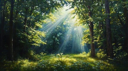 Obraz premium Sunshine illuminating new growth enchanting forest nature scene peaceful environment ground level evoking feelings of rebirth