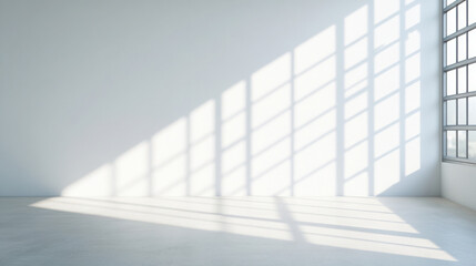 Obraz premium Minimalist interior with sunlit window casting geometric shadows on white wall
