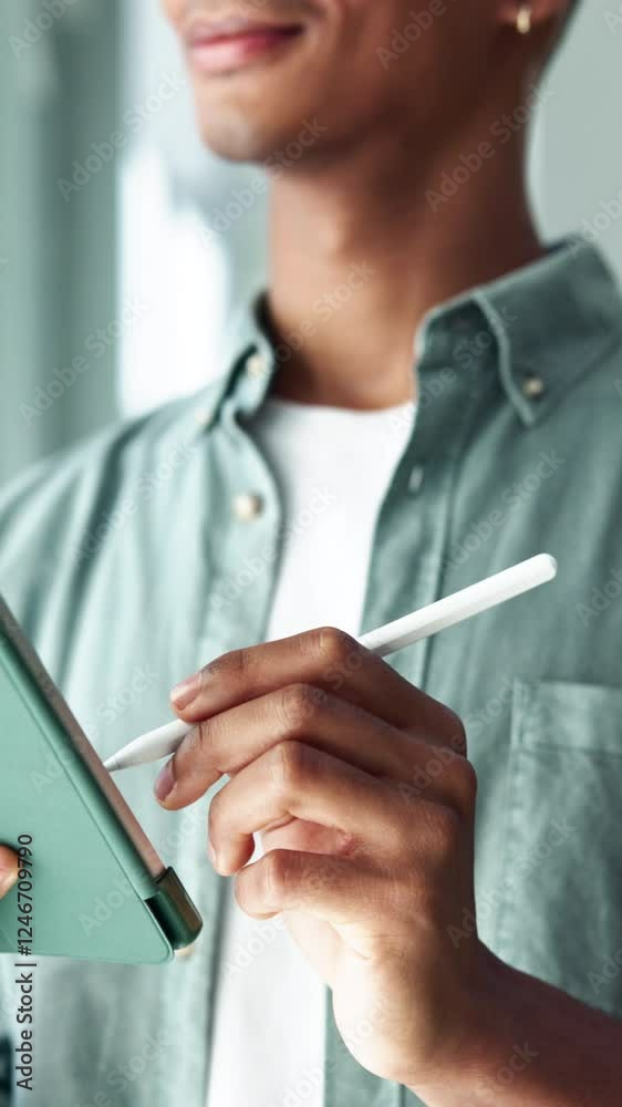 Poster business, hands and tablet with designer person closeup in office for creative web development. agen