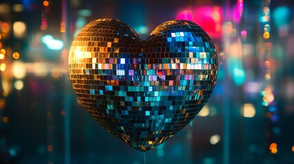 heart-shaped disco ball in the club or concert hall party venue, bokeh fairy lights in the background. love valentine's day celebration mood