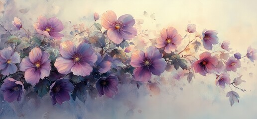 Watercolor floral illustration bouquet collection purple green blue wedding decorative border background