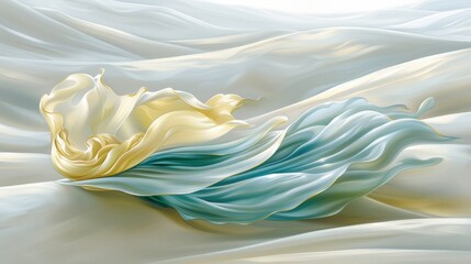 A flowing, ethereal composition featuring soft colors and gentle waves, evoking a sense of tranquility and movement in an abstract style.