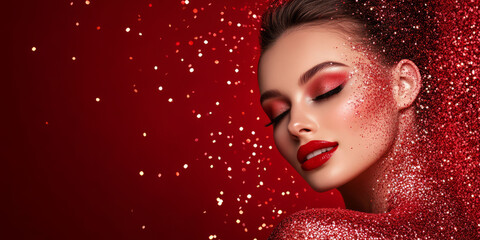 A sparkling cherry red glitter backdrop that radiates energy and passion. The vibrant color and dynamic shimmer make it ideal for energetic branding, party invitations, or bold fashion photography.