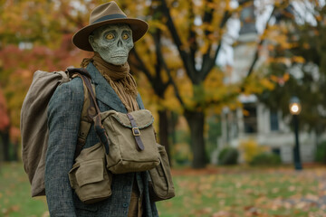 Alien-like creature in autumn park with vintage outfit and backpack