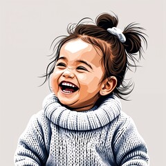 A toddler girl laughing with tied up hair wearing a winter sweater in a simple hand drawing flat line design