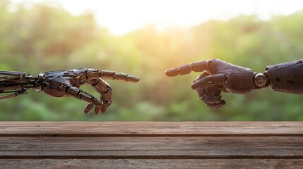 Fototapeta premium In a High-Tech Workshop, a Futuristic Humanoid Robot Performs Repairs on Another