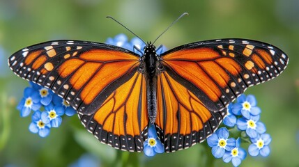 Fototapeta premium Monarch Butterfly Resting on Bright Blue Flowers in Garden Setting